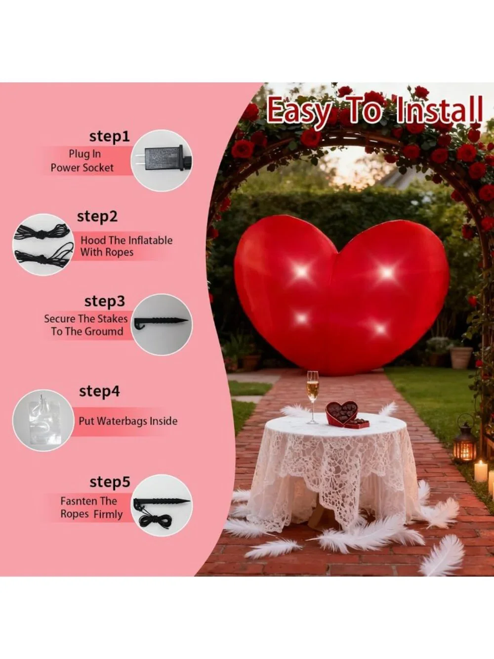 7ft Inflatable Heart Decoration for Valentine's Day - LED Outdoor Yard Decor